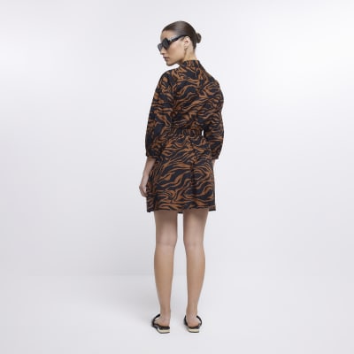 Brown animal print mini shirt dress