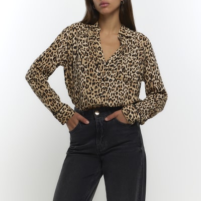 River Island Brown Tiger Print Short Sleeve Shirt