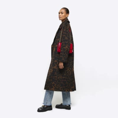 Brown animal print oversized coat | River Island