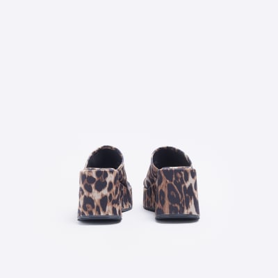 Brown animal print platform mule sandals