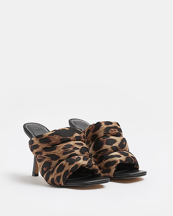 Brown animal print quilted heeled mules