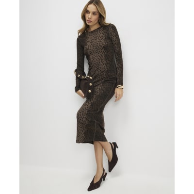Brown Animal Print Ribbed Midi Dress