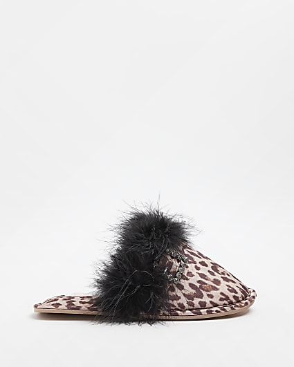Brown animal print satin feather slippers