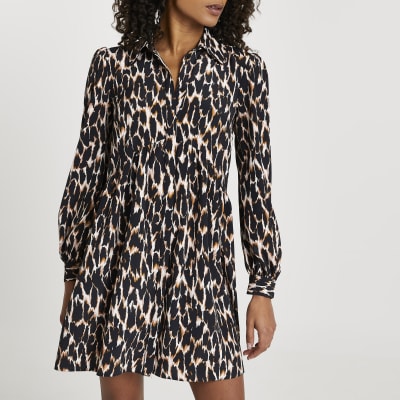 Brown animal print shirt smock mini dress