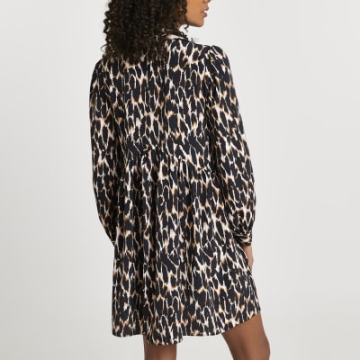 Brown animal print shirt smock mini dress