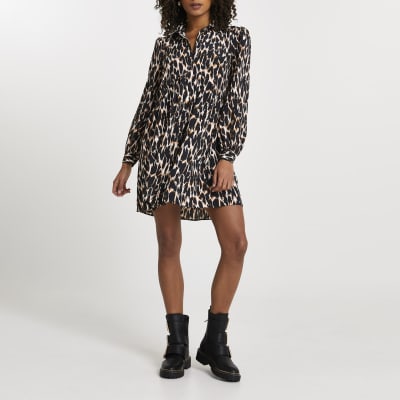 Brown animal print shirt smock mini dress