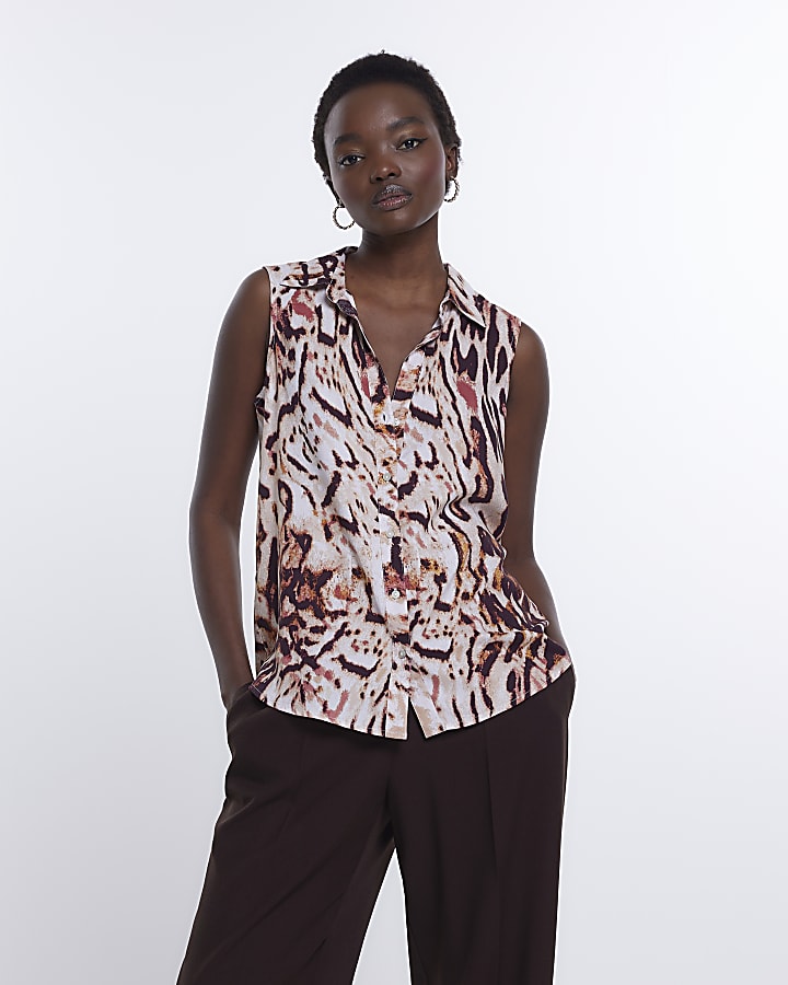 Brown animal print sleeveless shirt | River Island