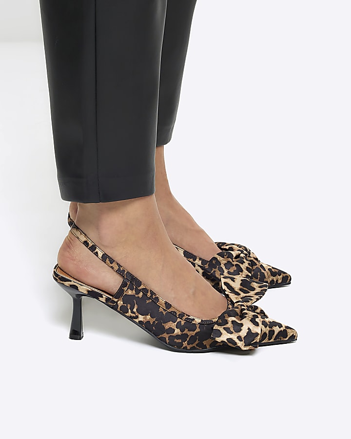 Brown animal print sling back heeled shoes | River Island