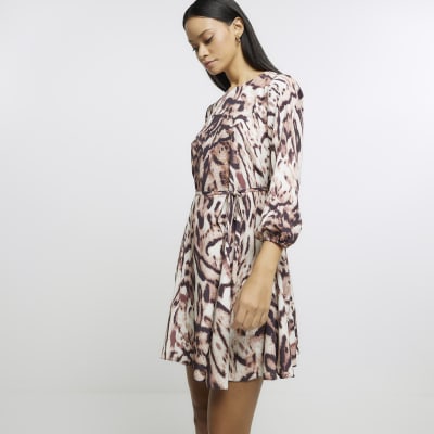 Brown animal print tie waist smock mini dress