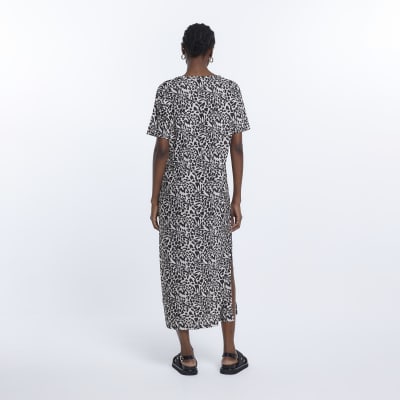 Brown animal print twisted t-shirt midi dress