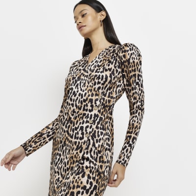 Brown animal print wrap mini dress