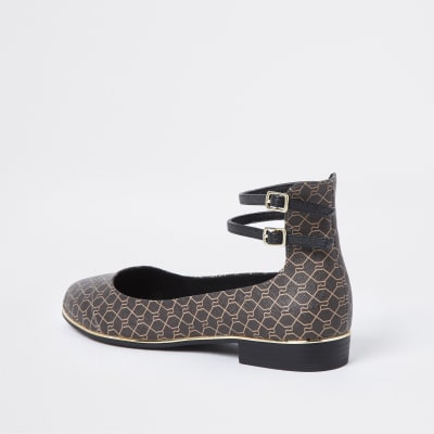 Brown ankle strap ballet shoes