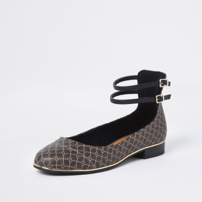 Brown ankle strap ballet shoes