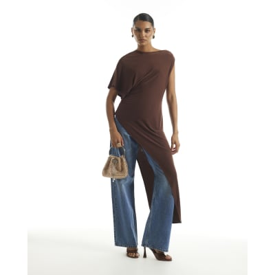 Brown Asymmetric Hem Flowing Top