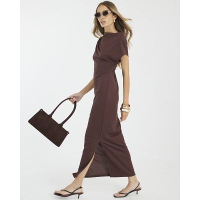 Brown Asymmetrical Ribbed Midi Dress