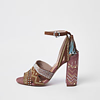 Brown aztec print block heel sandals
