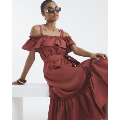 Brown Bardot Whipstitch Detail Midi Dress