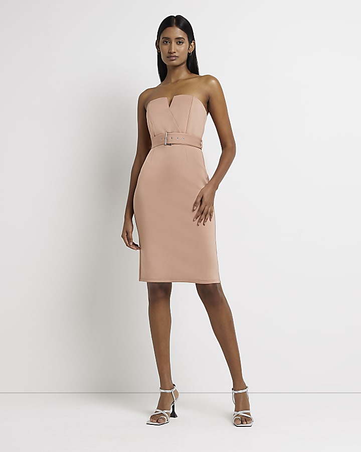 Brown belted bodycon midi dress