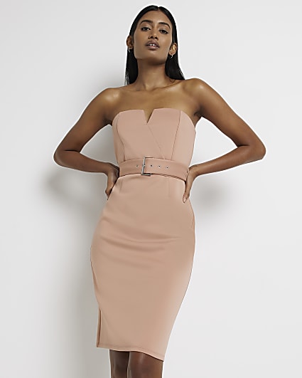 Brown belted bodycon midi dress