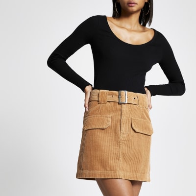 Brown belted cord mini skirt River Island