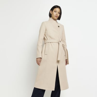Brown belted longline coat River Island