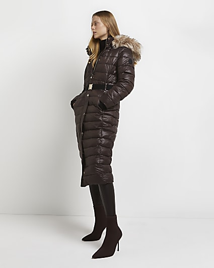 Brown belted longline puffer coat