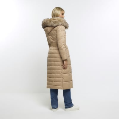 Brown Belted Padded Longline Coat River Island