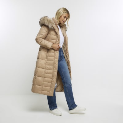 Brown belted padded longline jacket River Island