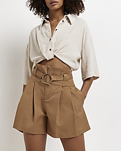 Brown belted paper bag shorts
