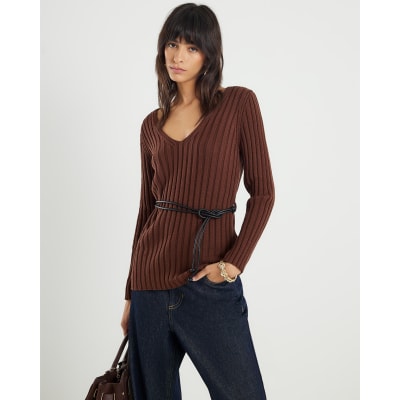 Brown Belted Ribbed Jumper