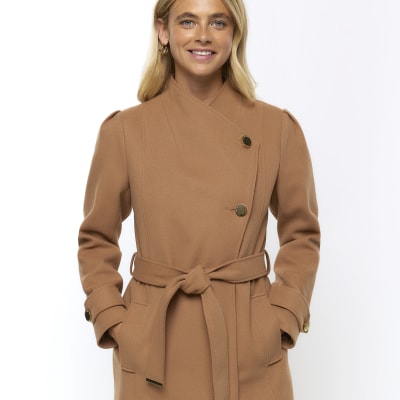 Brown belted wrap coat | River Island