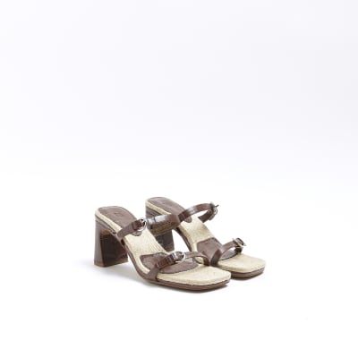 Brown block heeled mules