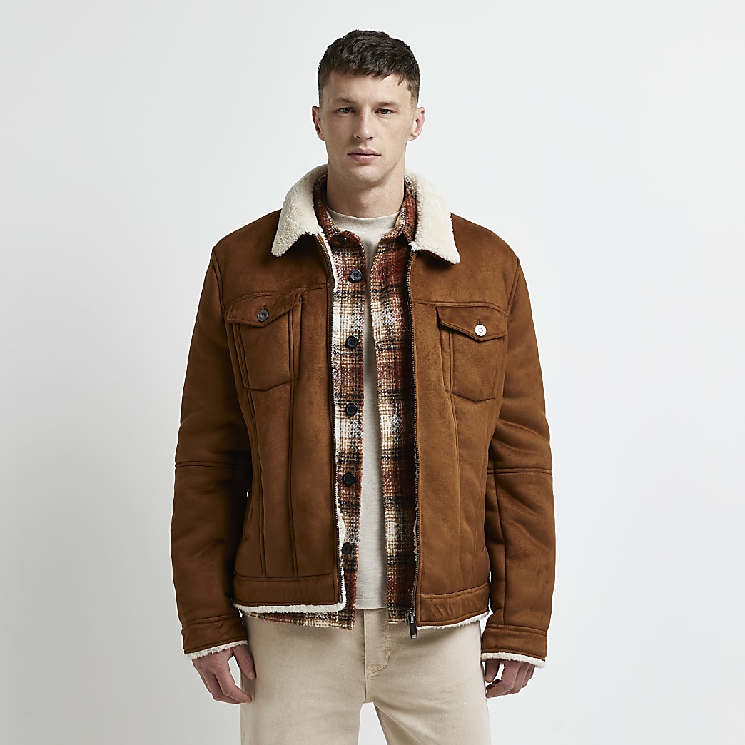 Brown borg lined faux suede western jacket | River Island