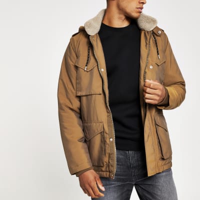 Brown borg lined hooded utility parka | River Island