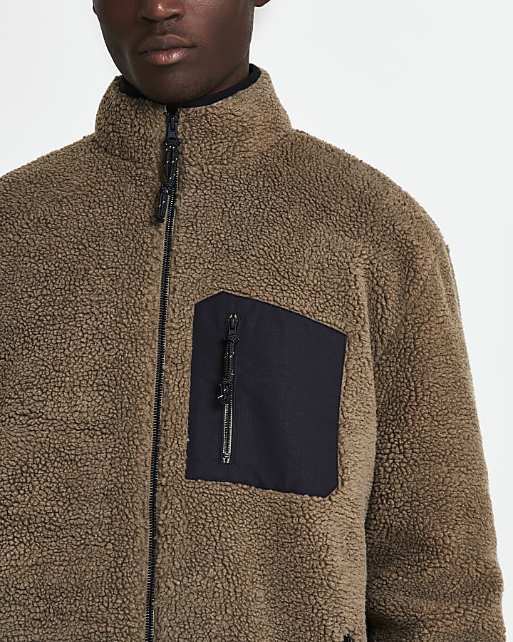 Brown borg zip through jacket