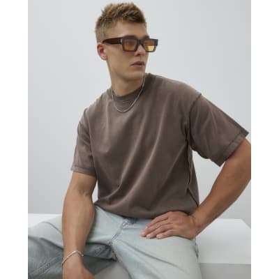 Brown Boxy Fit Washed Reverse Seam T-Shirt