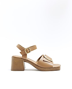 Brown buckle block heeled sandals