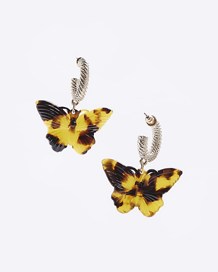 Brown butterfly drop hoop earrings