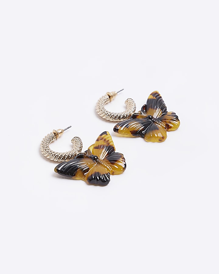 Brown butterfly drop hoop earrings