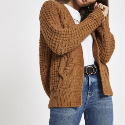 Brown cable knit cardigan River Island