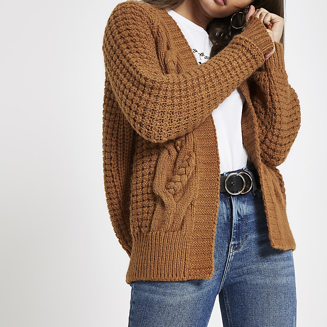 Brown cable knit cardigan | River Island