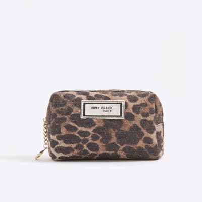 Brown Canvas Leopard Make Up Bag