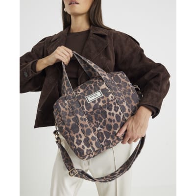 Brown Canvas Leopard Print Holdall Bag
