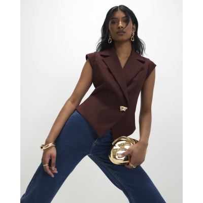Brown Cap Sleeve Twill Waistcoat