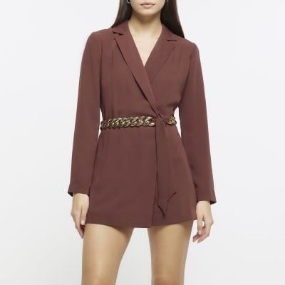 Brown chain belt blazer playsuit
