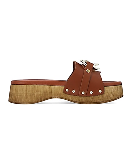 360 degree animation of product Brown chain detail leather clogs frame-15