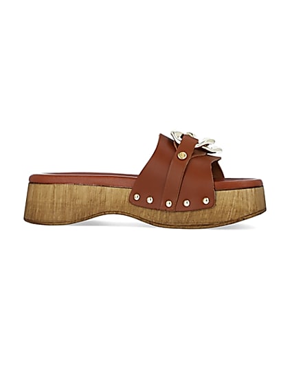 360 degree animation of product Brown chain detail leather clogs frame-16