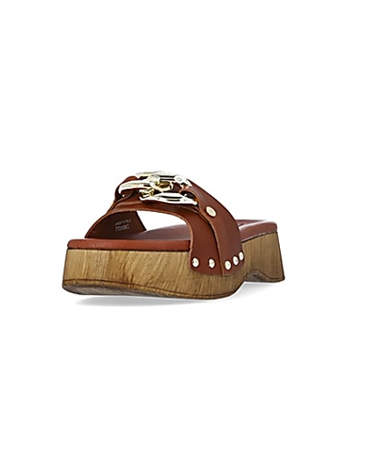360 degree animation of product Brown chain detail leather clogs frame-23
