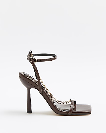Brown chain detail strappy heeled sandals