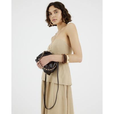Brown Chain Front Ruched Cross Body Bag